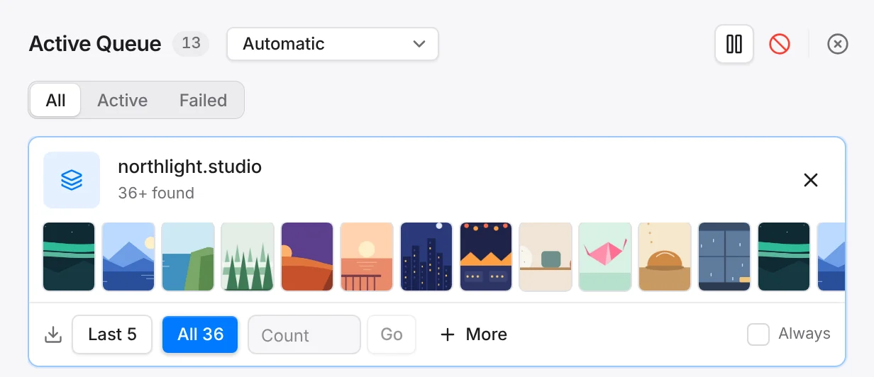 A pasted Instagram profile in the queue: 36 or more posts found, with buttons for the last 5, all 36, or a typed count.