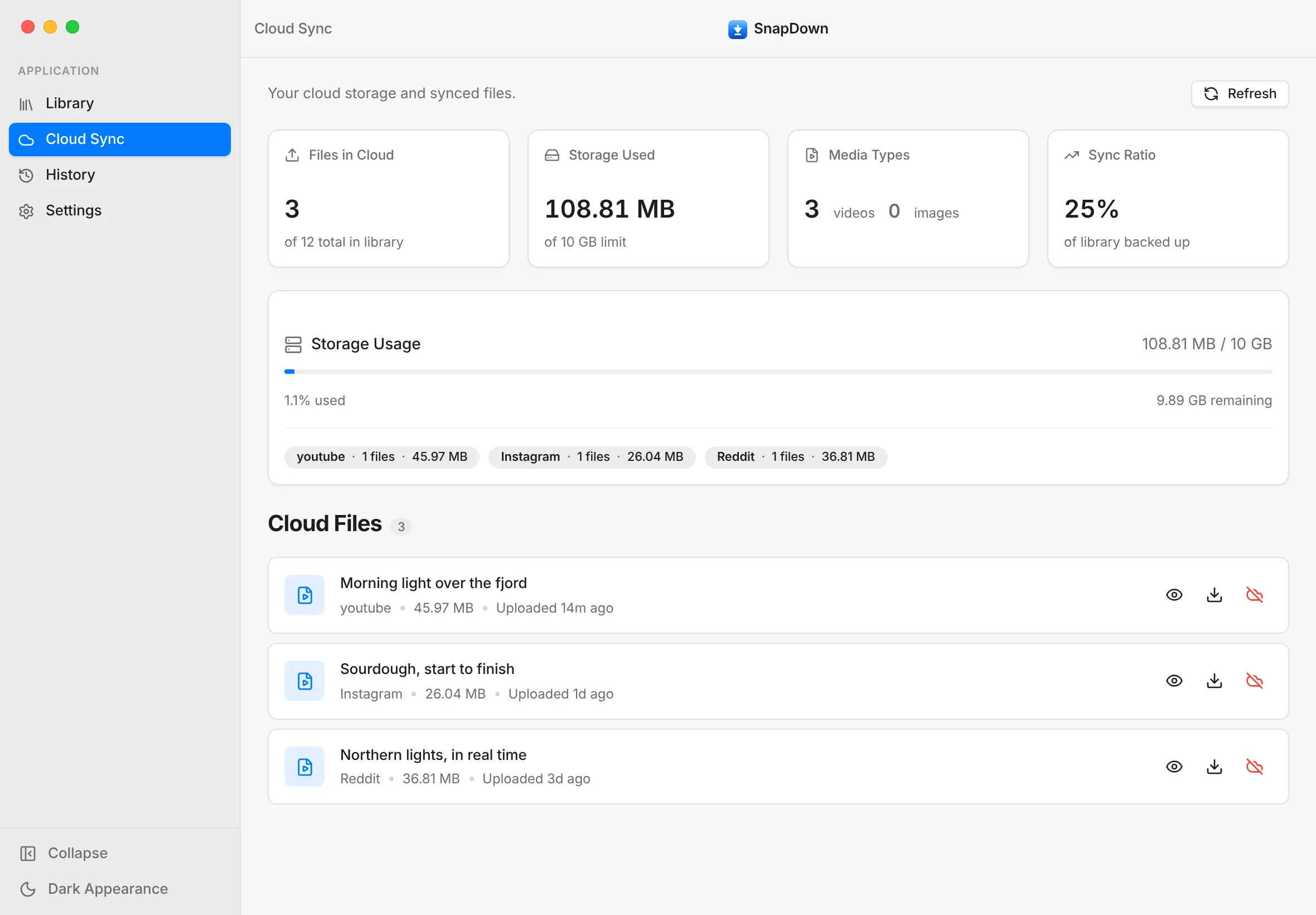 SnapDown's Cloud Sync page: 3 of 12 library files in the cloud, 108.81 MB of a 10 GB limit used, a quarter of the library backed up, and the list of cloud files.
