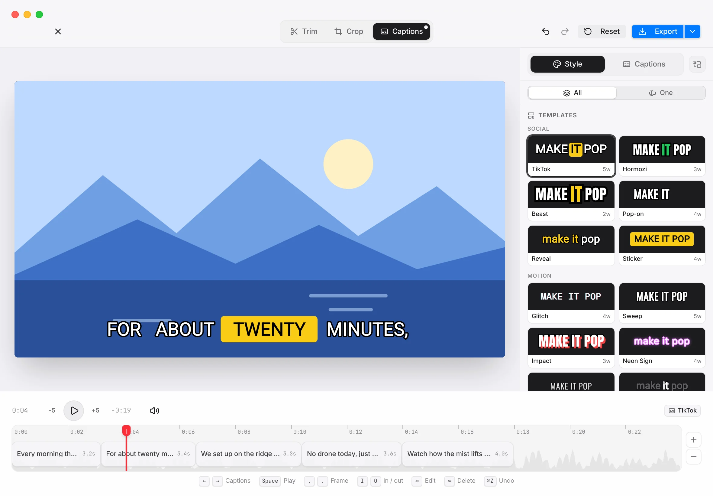 SnapDown's video editor in Captions mode. The preview shows the caption For about twenty minutes in the TikTok style, with the word twenty highlighted. On the right, caption templates; below, the timeline with five timed captions over the audio waveform.
