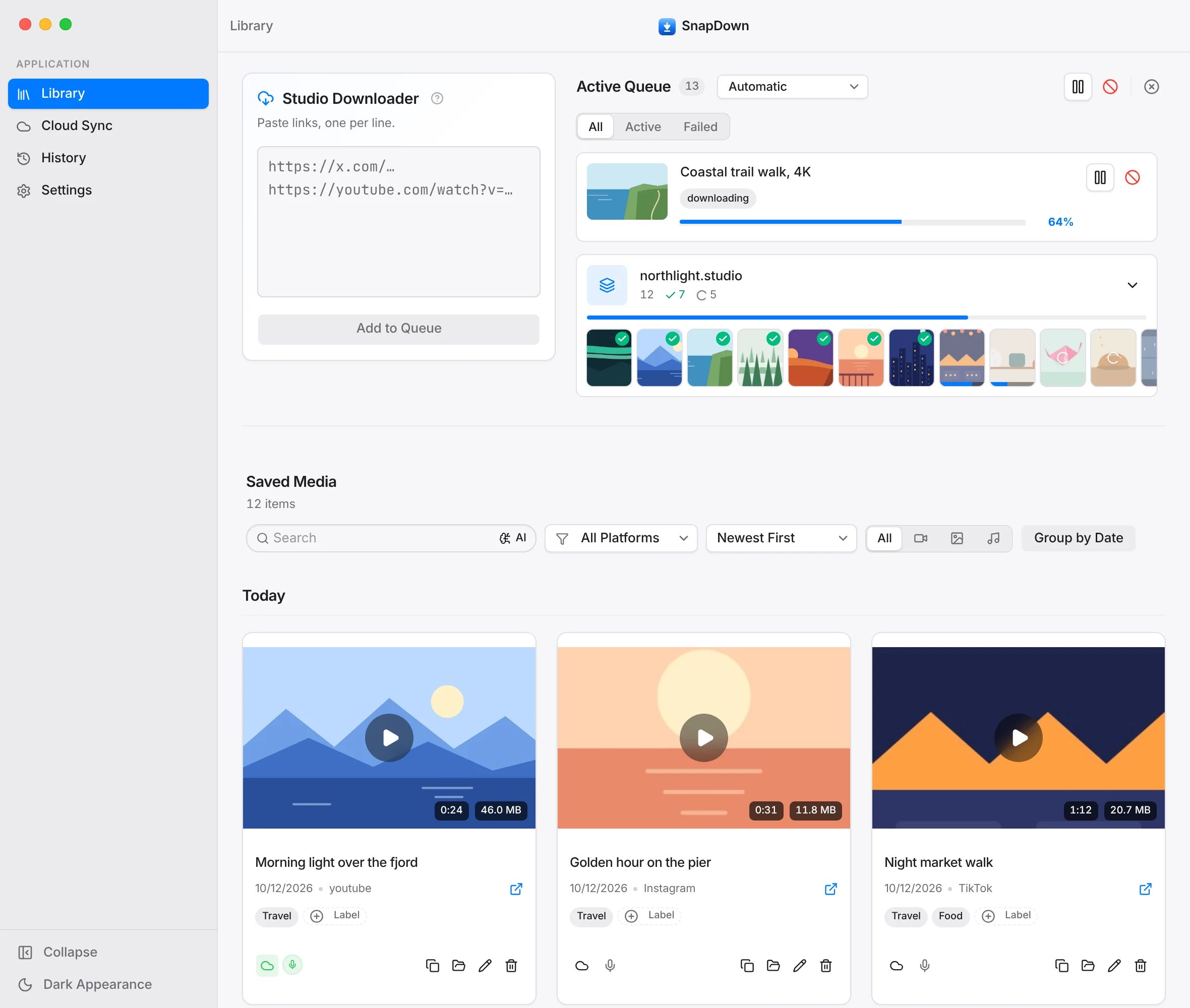 The SnapDown window. On the left, the Studio Downloader waits for links. On the right, the Active Queue shows a 4K video at 64 percent and twelve reels from one Instagram profile, seven already saved. Below, today's saved media: three videos with their length, size and labels.