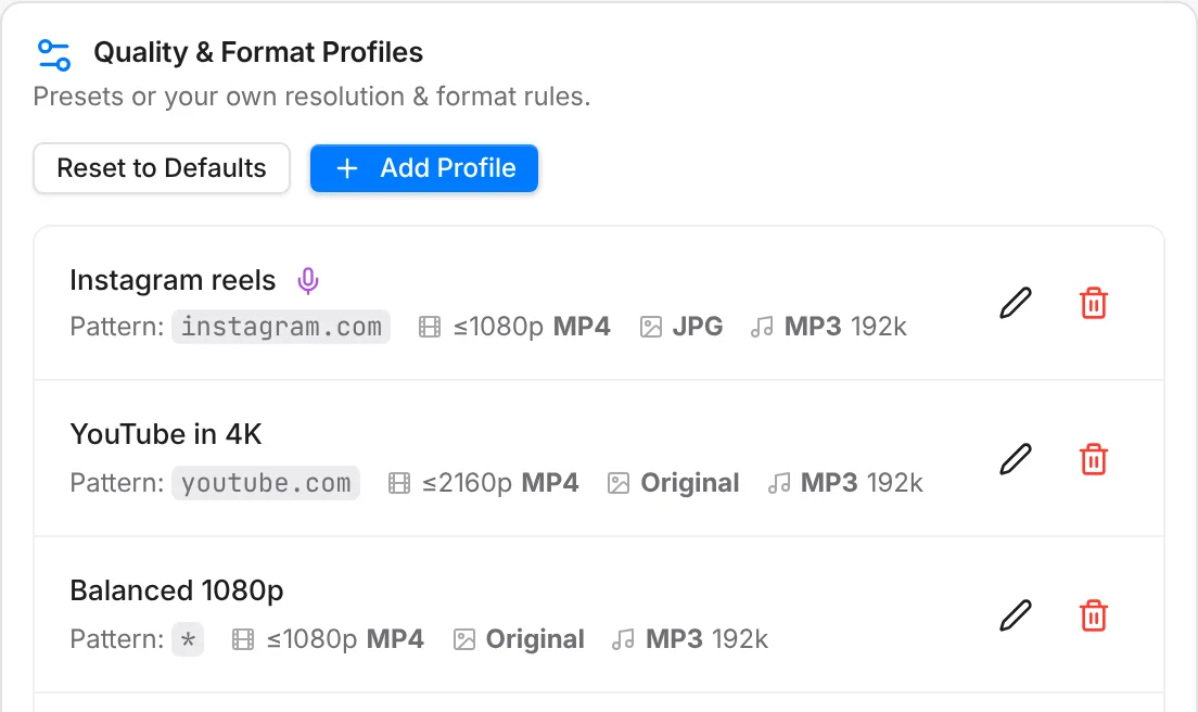 Quality and format profiles: Instagram links at up to 1080p MP4 with JPG images, YouTube links at up to 2160p.