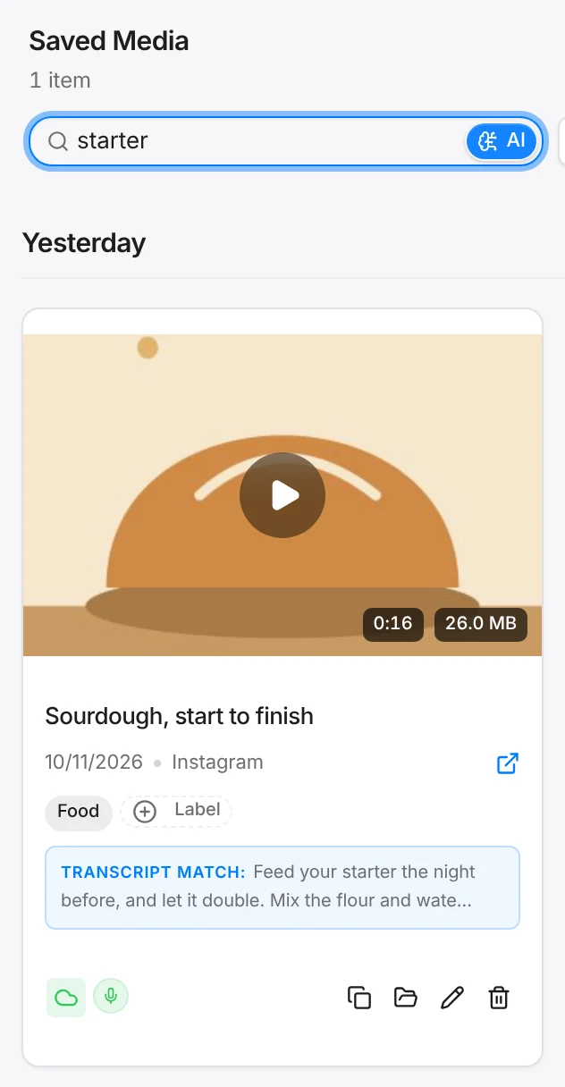Searching the library for the word starter finds a sourdough video, with the transcript line where it was said.